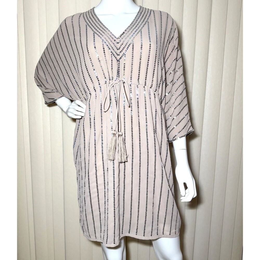 NWT En Creme Sequin Stripe Kimono Sleeve Mini Dress Small Taupe Tassel